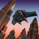 A retro flying machine flies through a cityscape